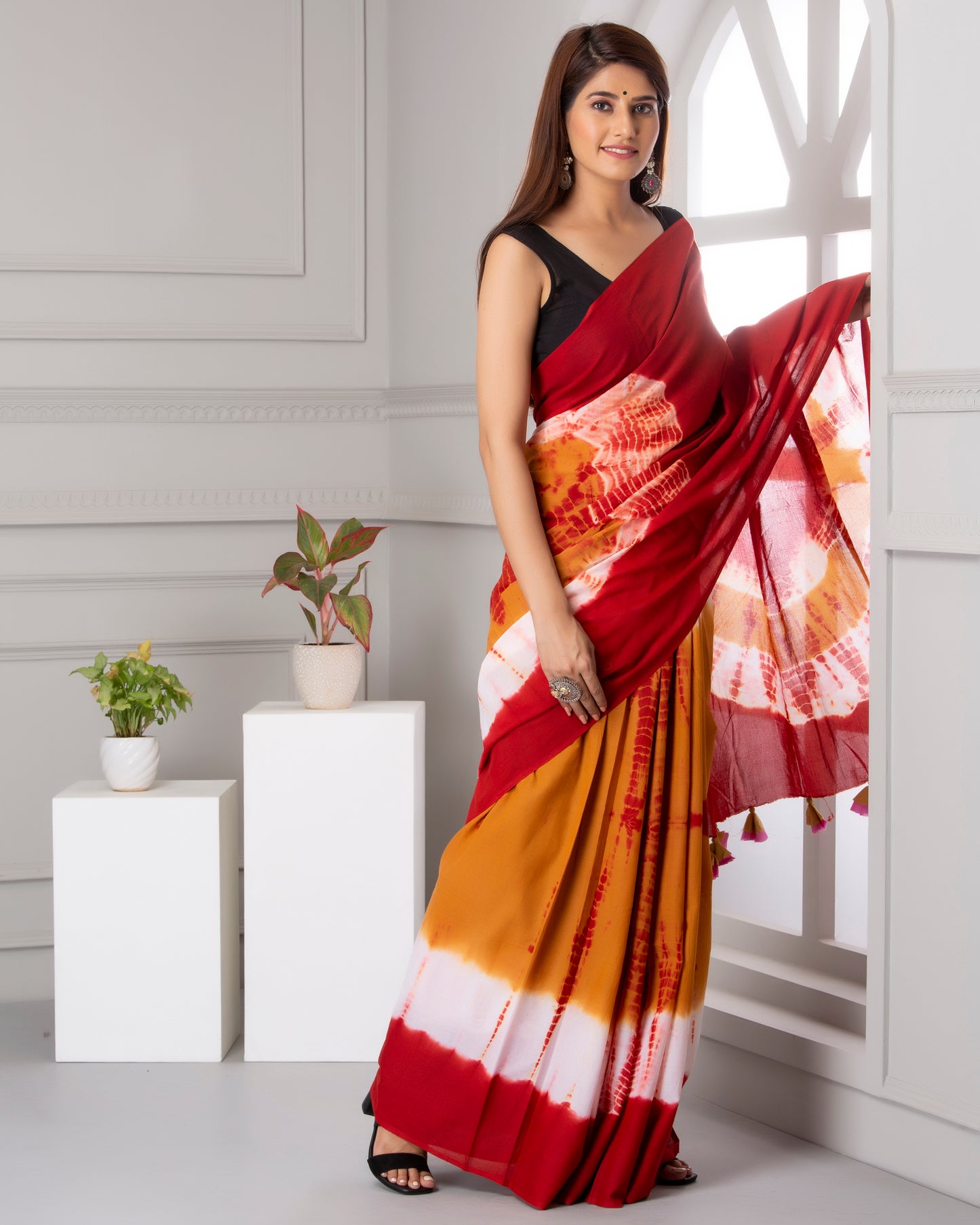 Printed Red Shibori Print Cotton MulMul Saree
