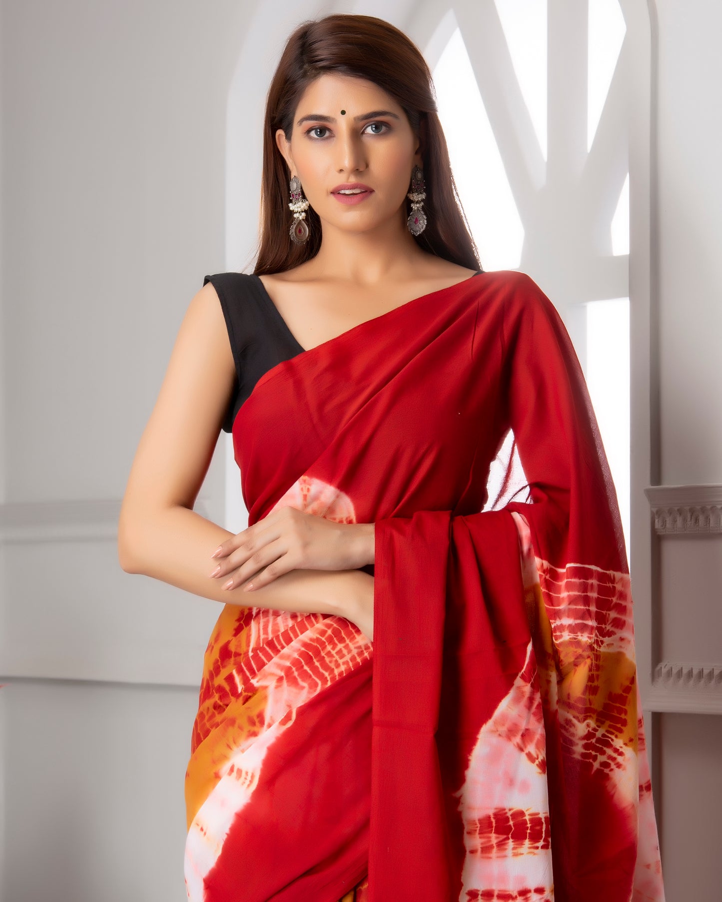 Printed Red Shibori Print Cotton MulMul Saree