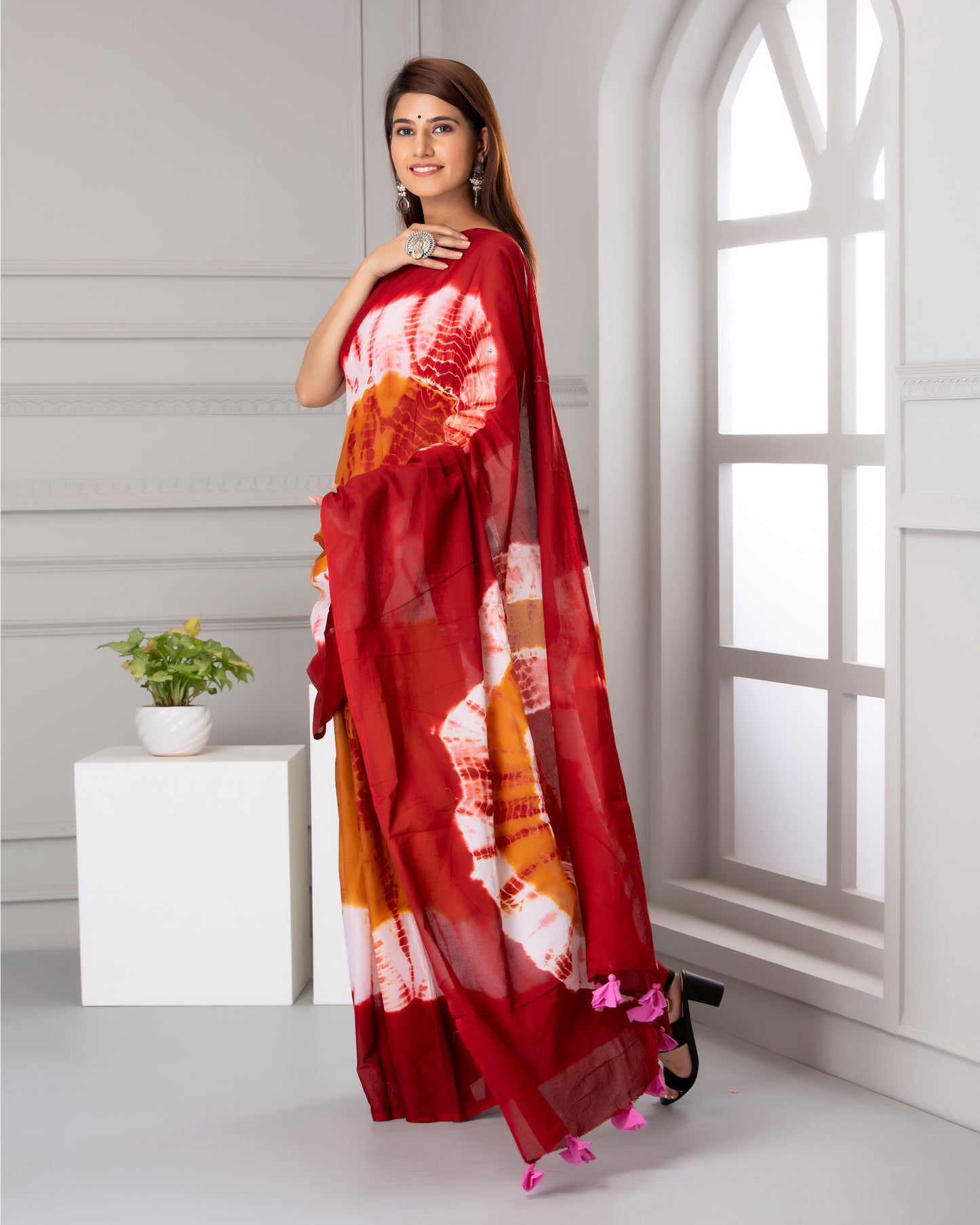 Printed Red Shibori Print Cotton MulMul Saree