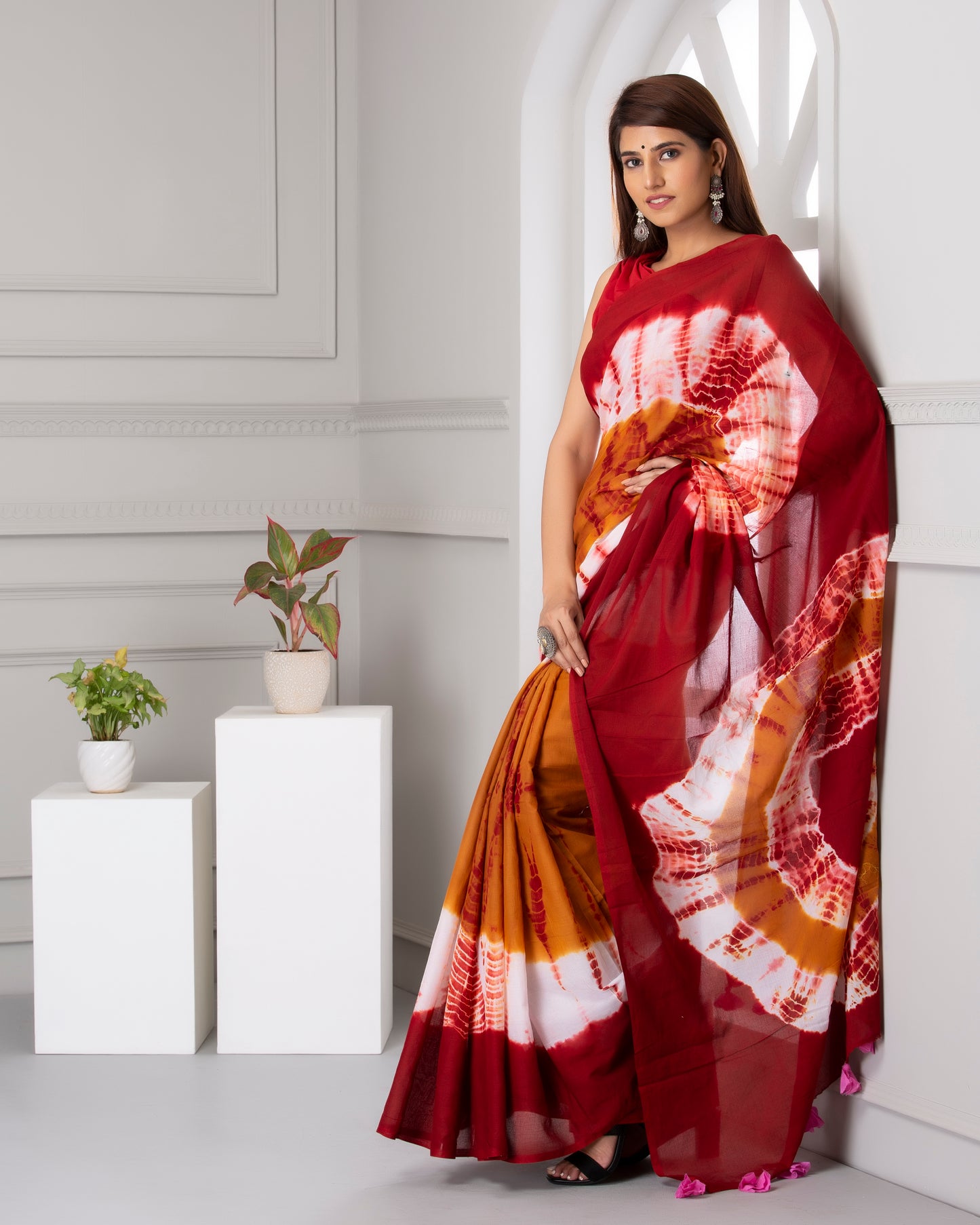 Printed Red Shibori Print Cotton MulMul Saree