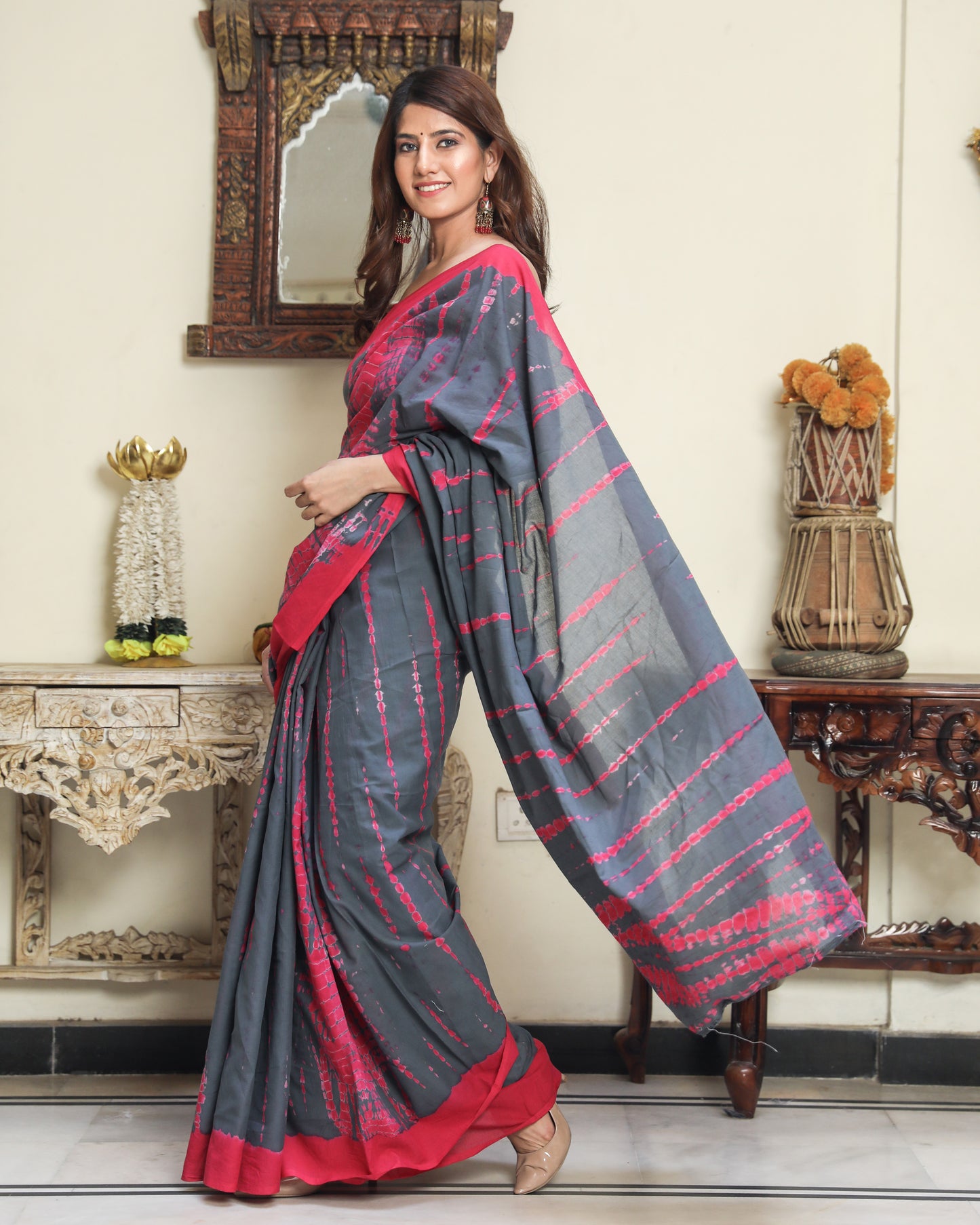 Printed Grey Shibori Print Cotton MulMul Saree