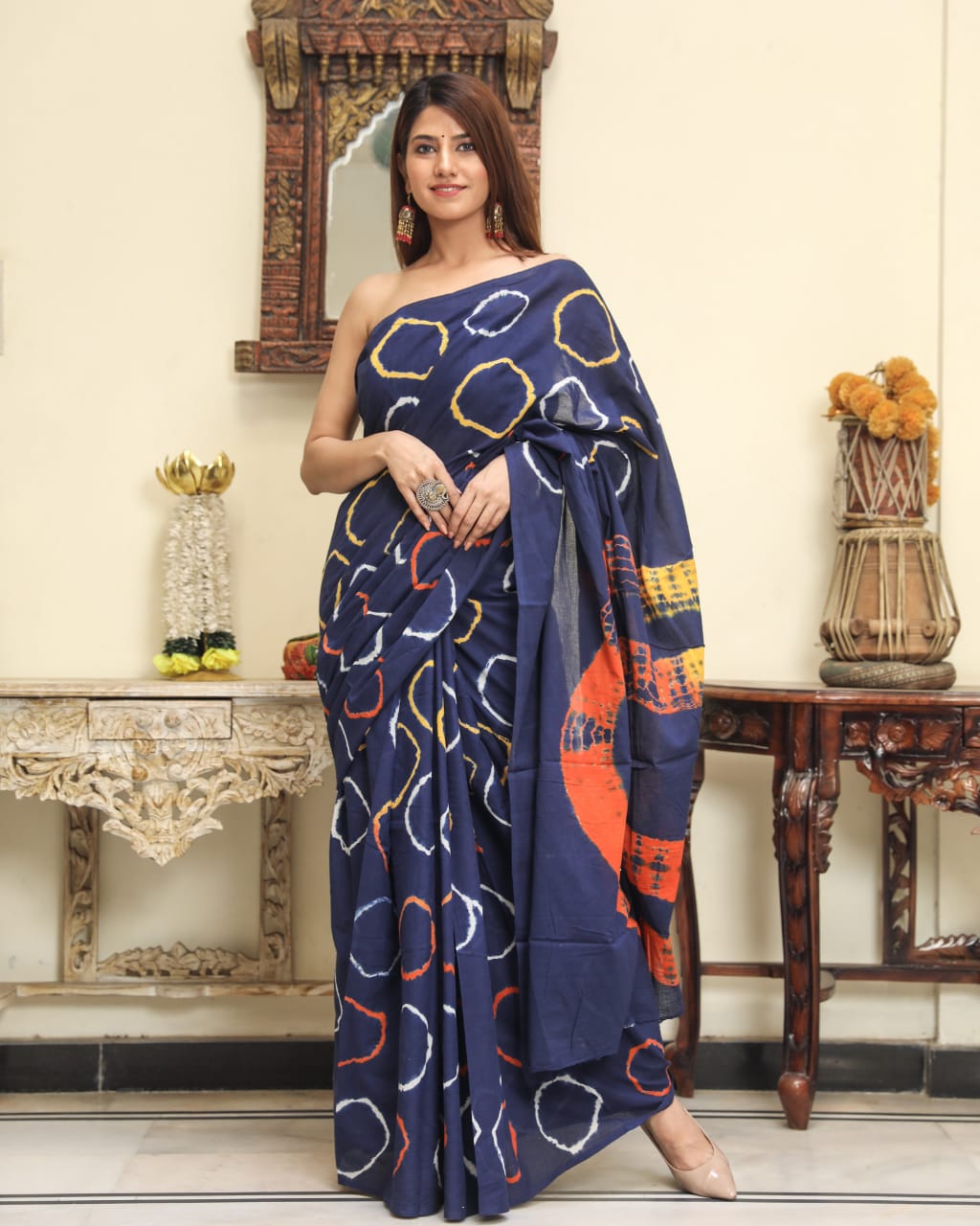 Printed Blue Shibori Print Cotton MulMul Saree