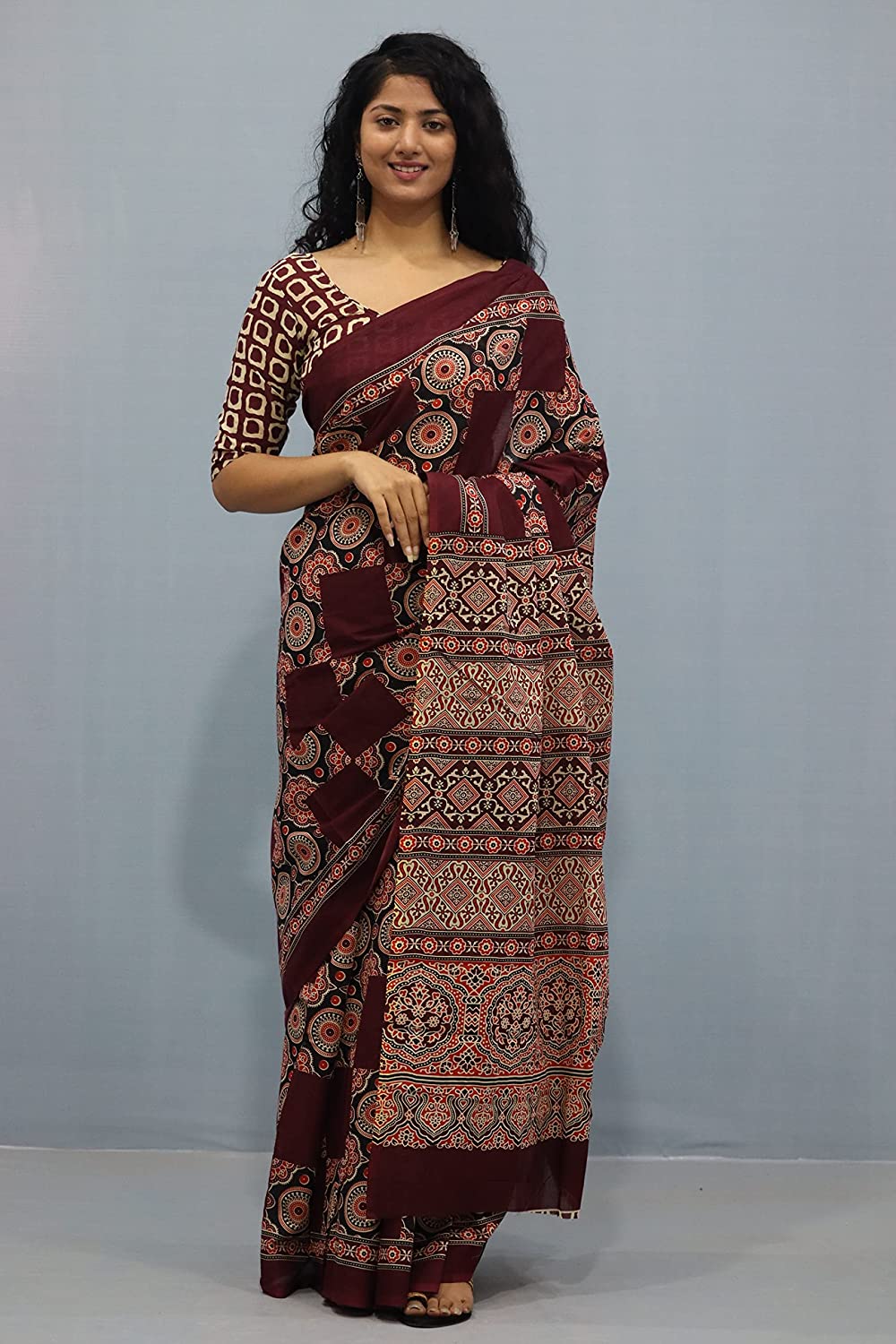 Printed Maroon Ajrak Print Cotton MulMul Saree
