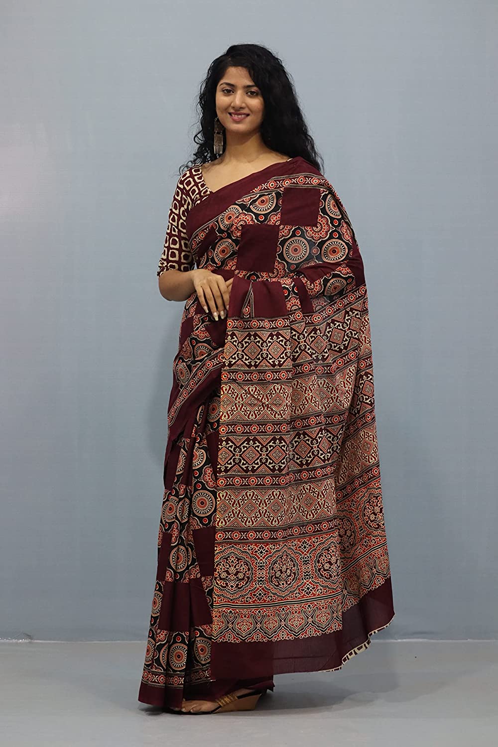 Printed Maroon Ajrak Print Cotton MulMul Saree