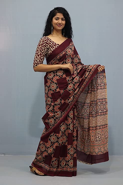 Printed Maroon Ajrak Print Cotton MulMul Saree