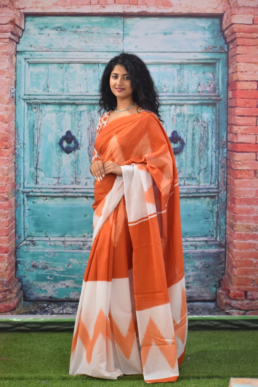 Printed Orange Ikkat Print Cotton MulMul Saree