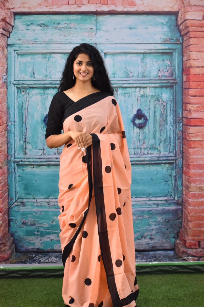 Cotton MulMul Peach Polka Printed Sarees