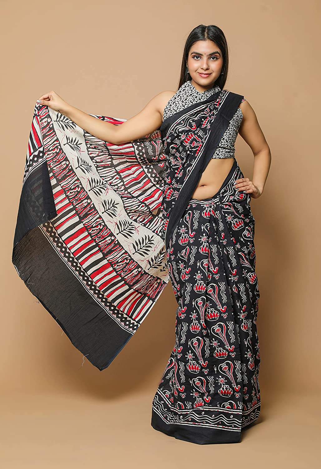 Cotton MulMul Black Printed Sarees