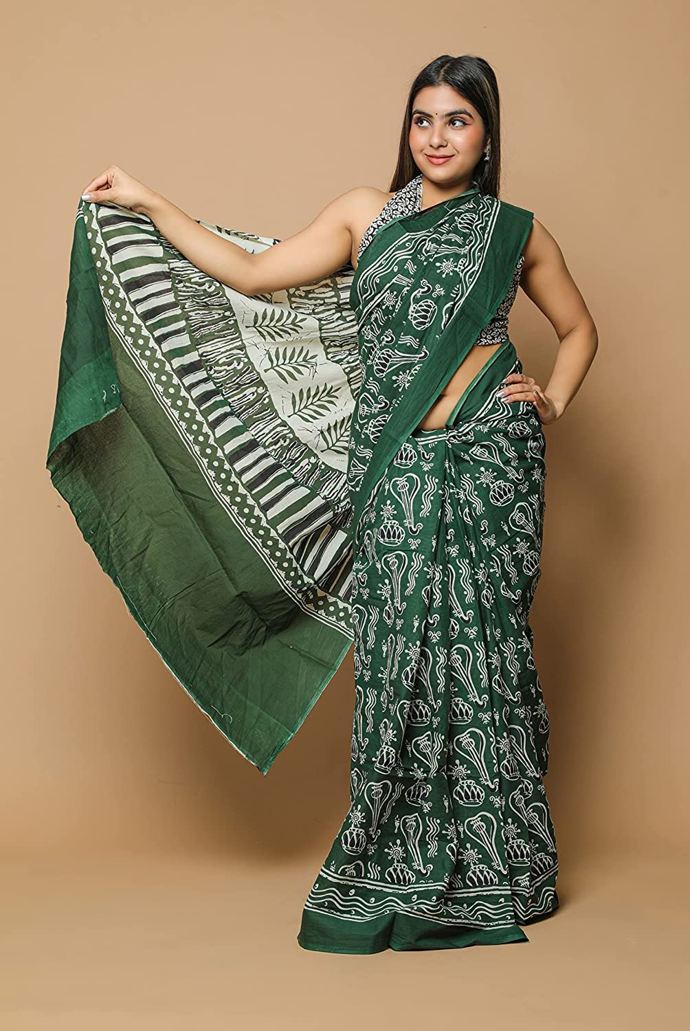 Cotton MulMul Green Printed Sarees