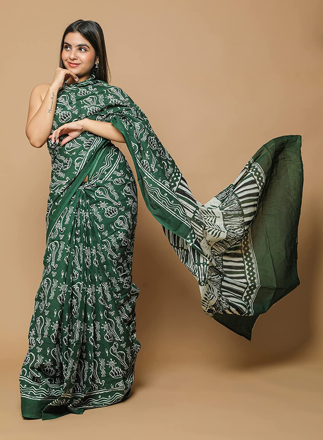 Cotton MulMul Green Printed Sarees