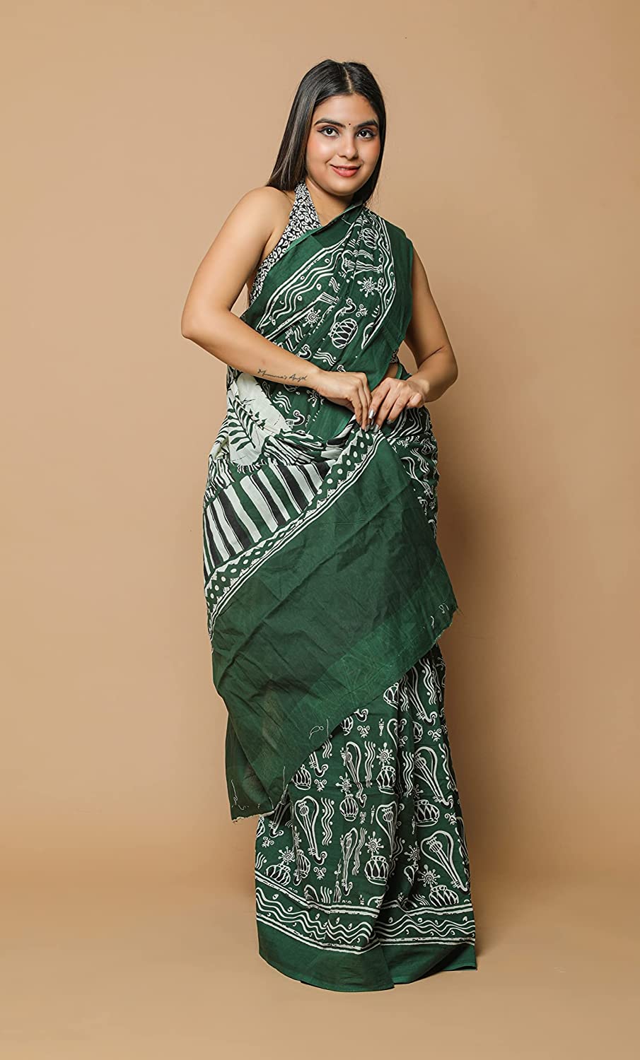 Cotton MulMul Green Printed Sarees