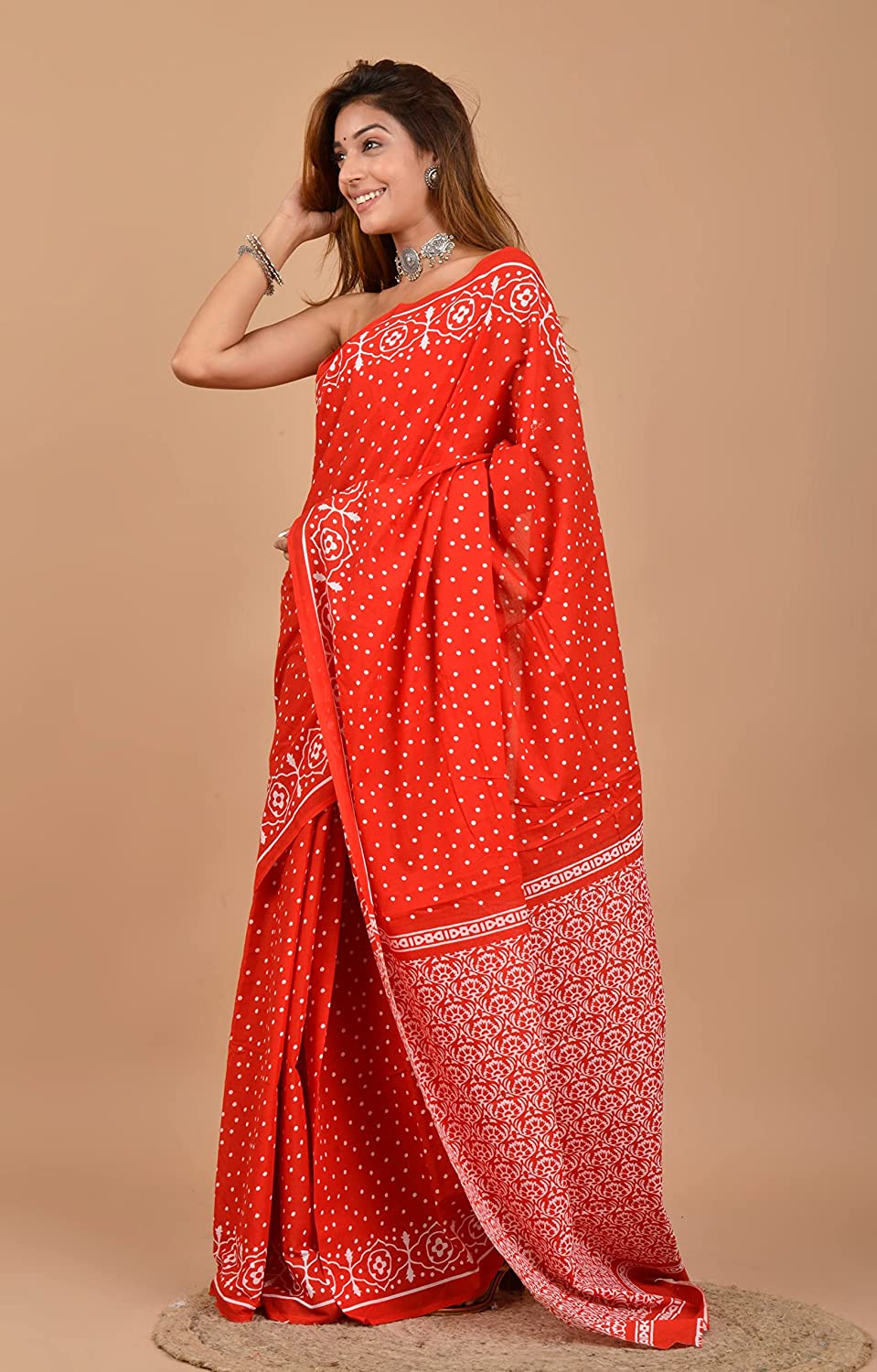 Cotton MulMul Red Polka Printed Sarees