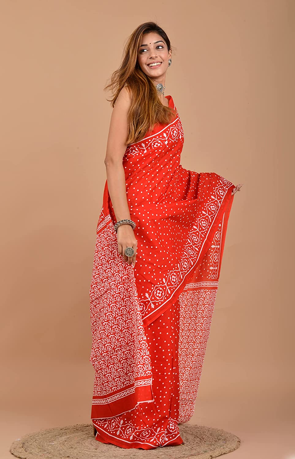 Cotton MulMul Red Polka Printed Sarees