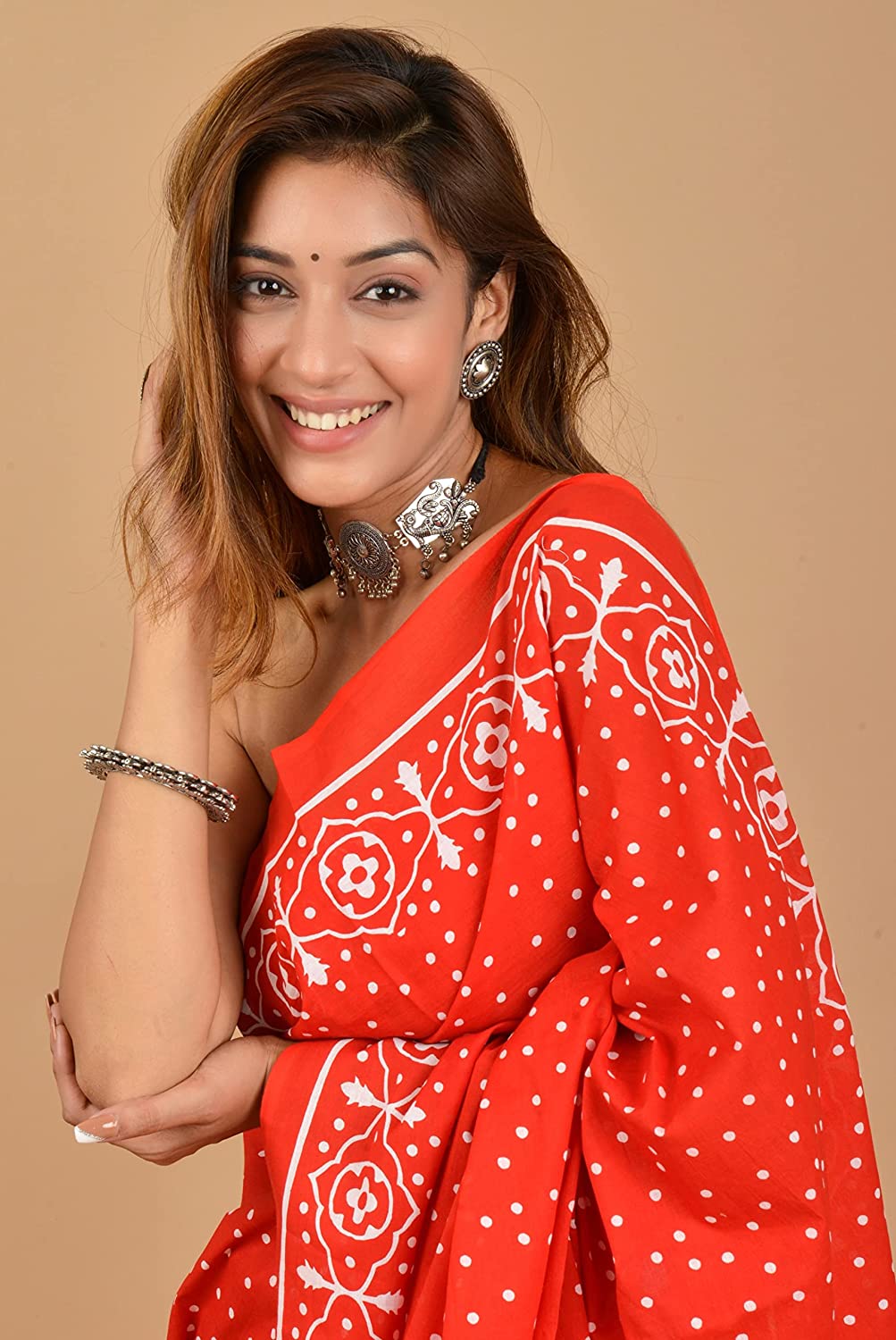 Cotton MulMul Red Polka Printed Sarees