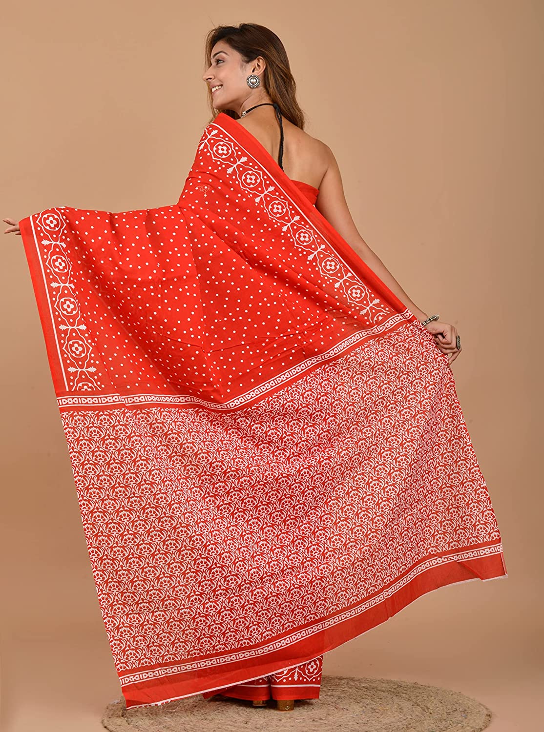 Cotton MulMul Red Polka Printed Sarees