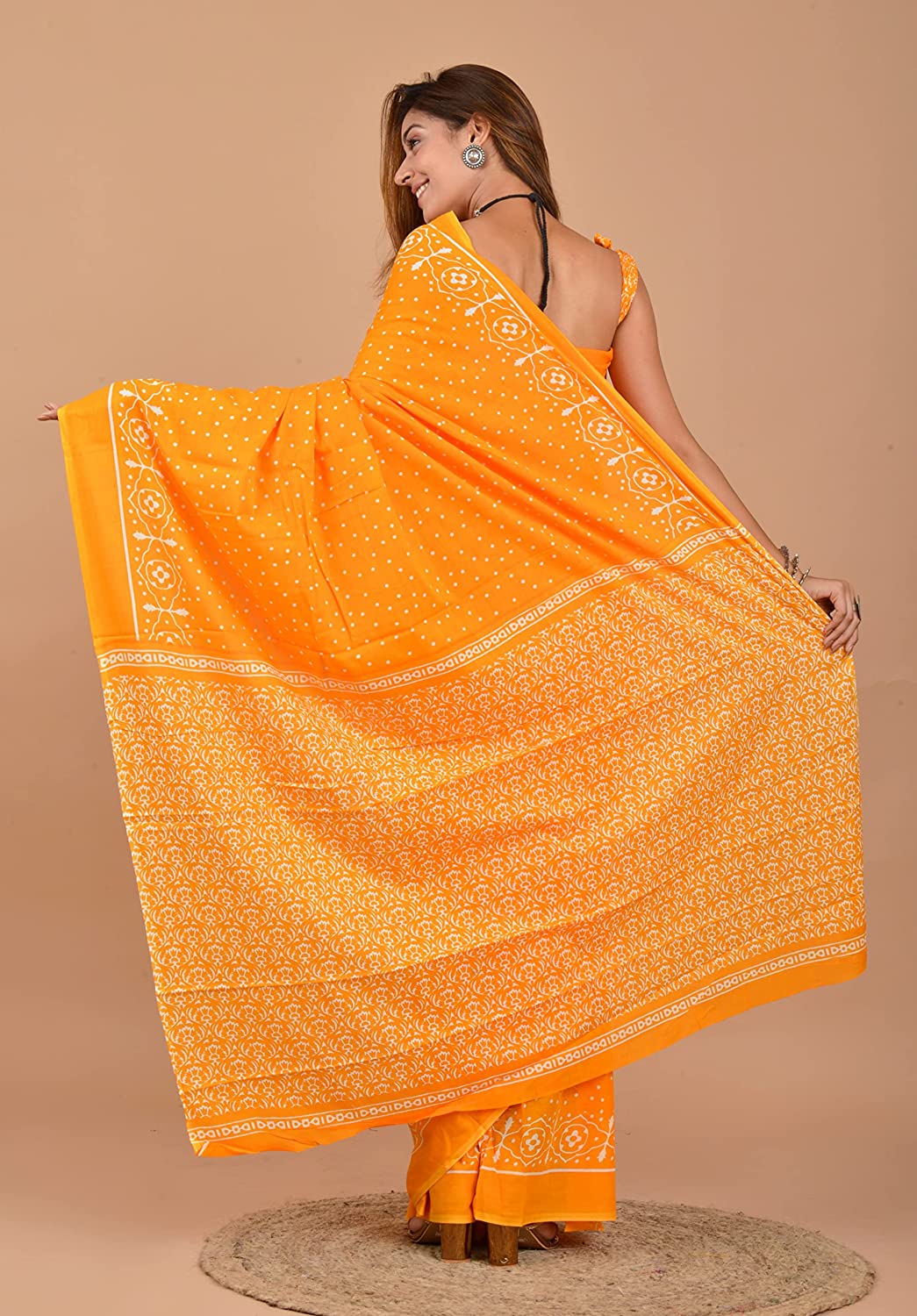 Cotton MulMul Yellow Polka Printed Sarees