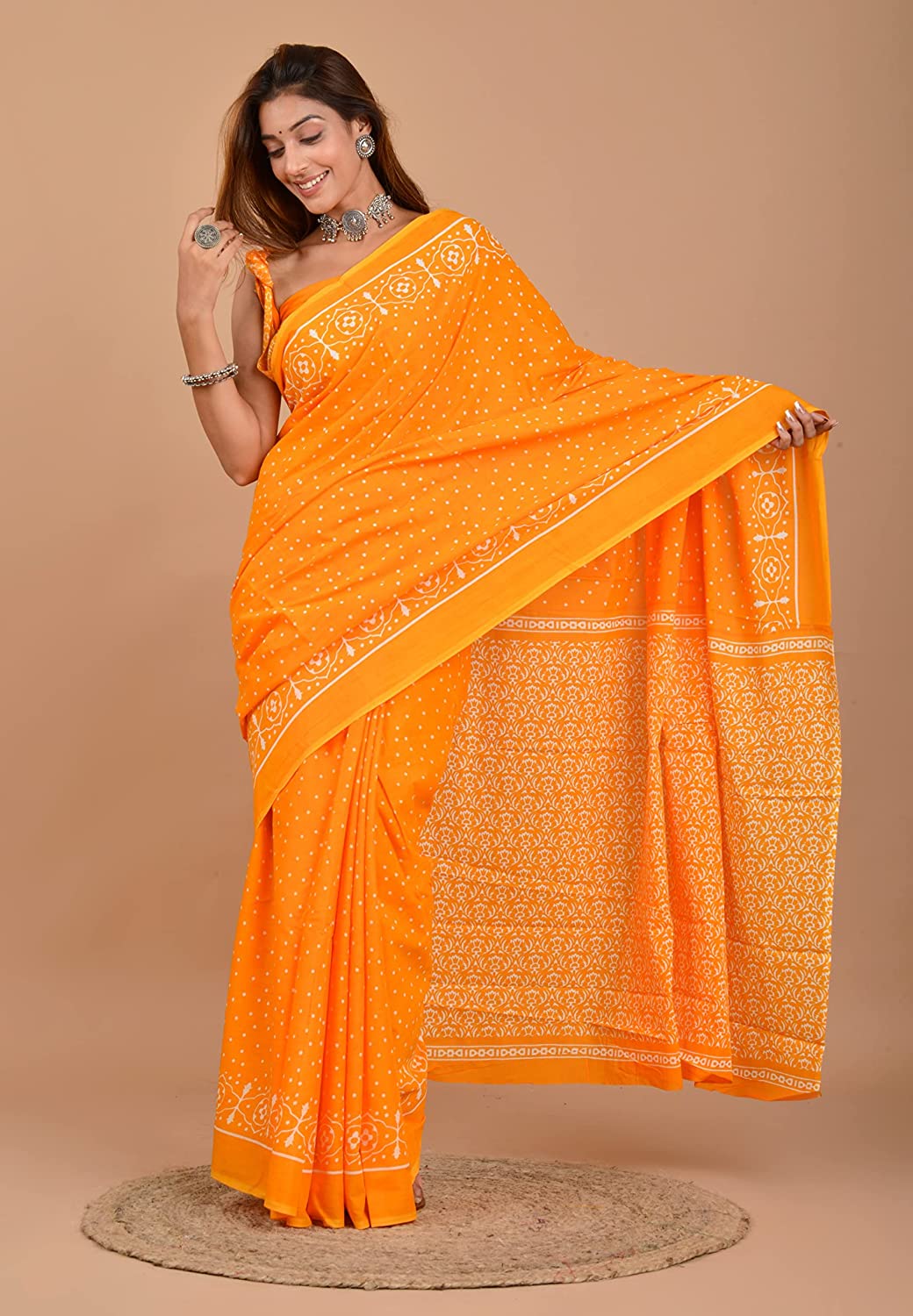 Cotton MulMul Yellow Polka Printed Sarees