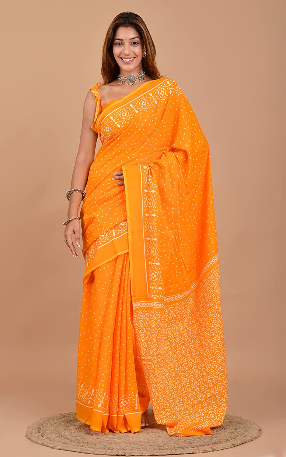 Cotton MulMul Yellow Polka Printed Sarees