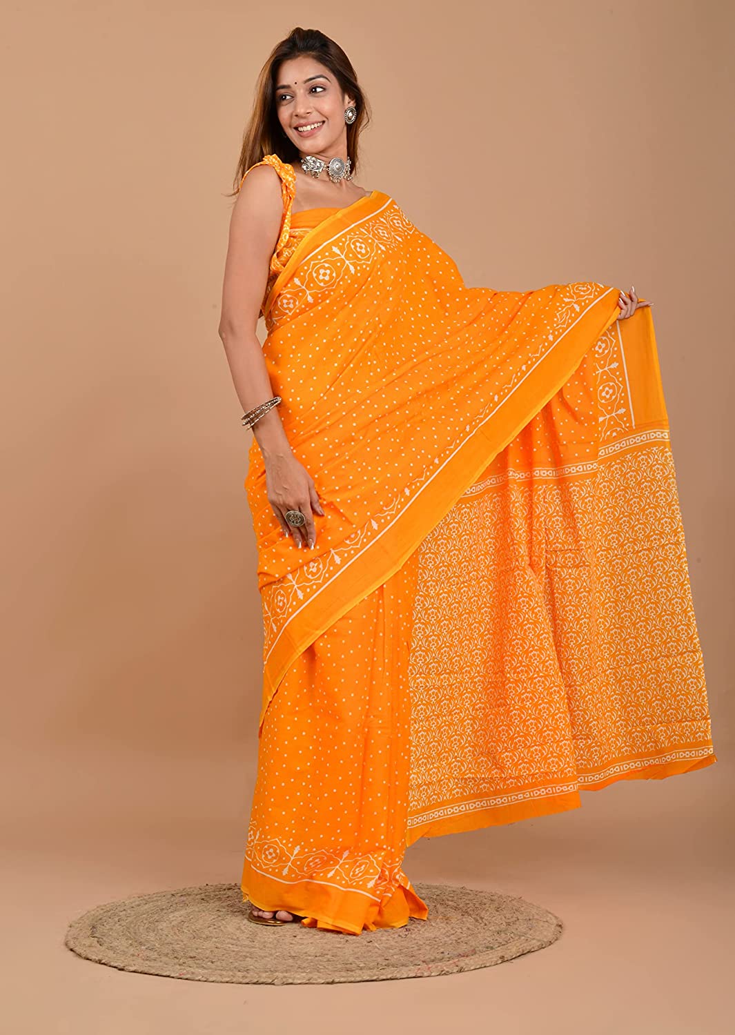 Cotton MulMul Yellow Polka Printed Sarees