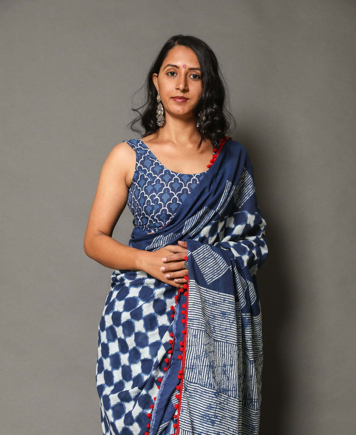 Printed Blue Dabu Print Cotton MulMul Saree
