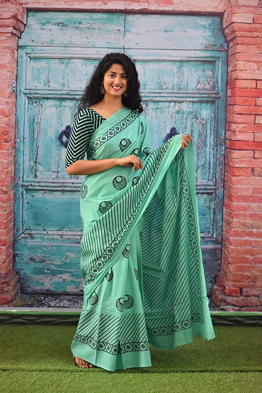 Cotton MulMul Sea Green Printed Sarees