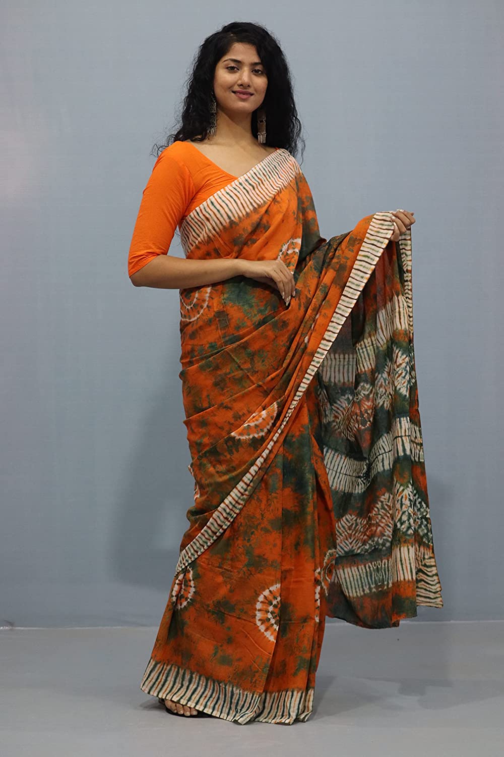 Printed Orange Shibori Print Cotton MulMul Saree