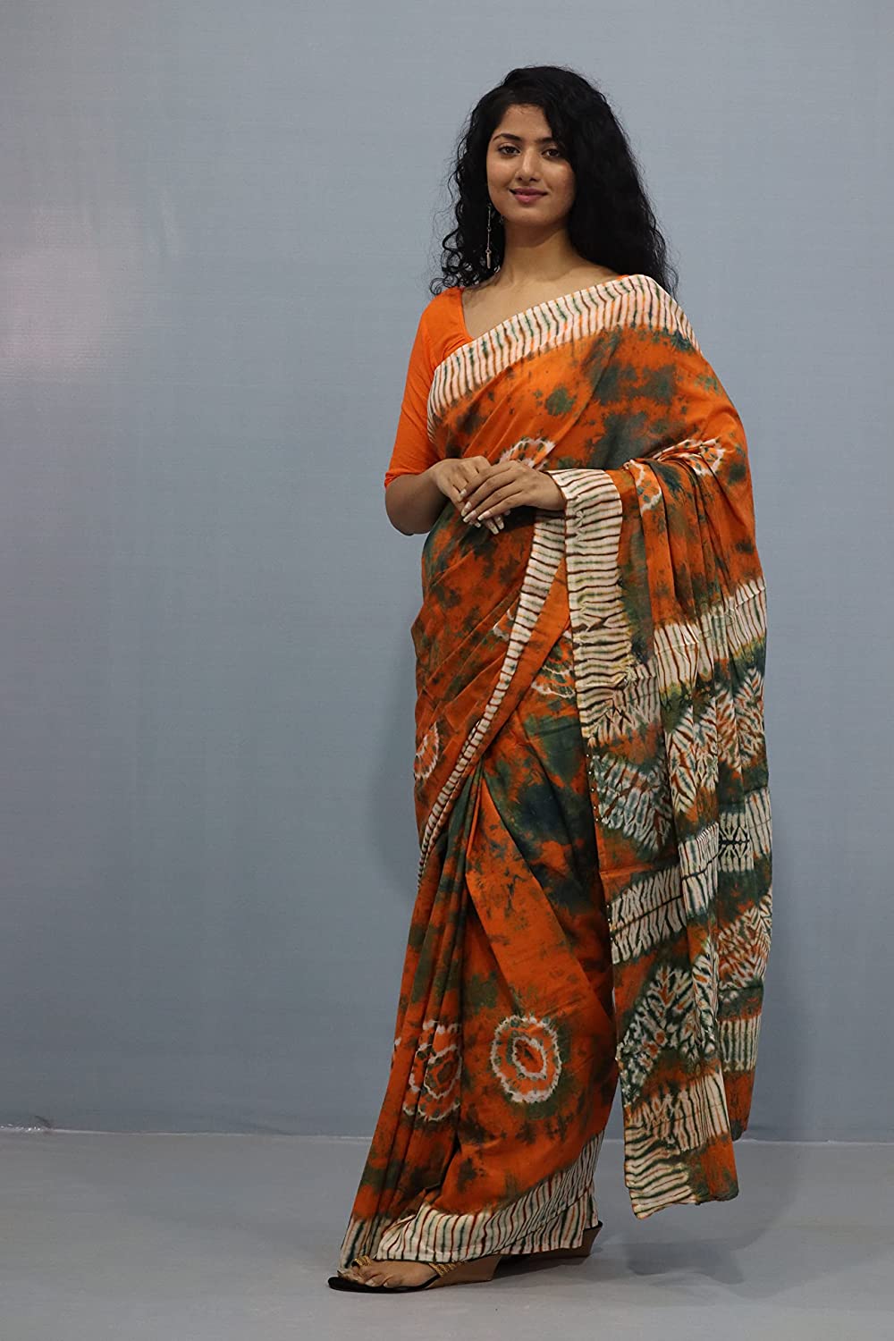 Printed Orange Shibori Print Cotton MulMul Saree