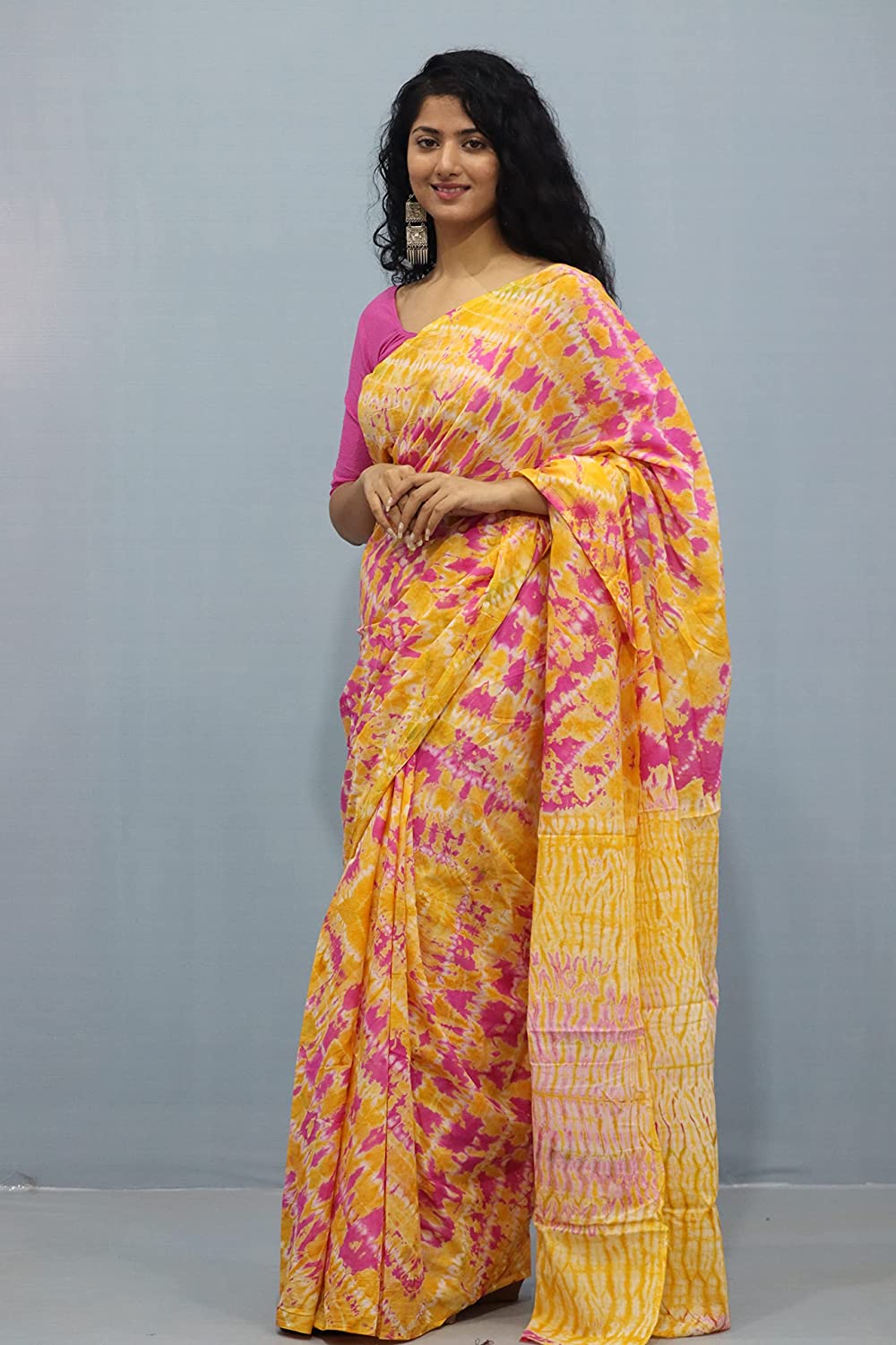 Printed Yellow Shibori Print Cotton MulMul Saree
