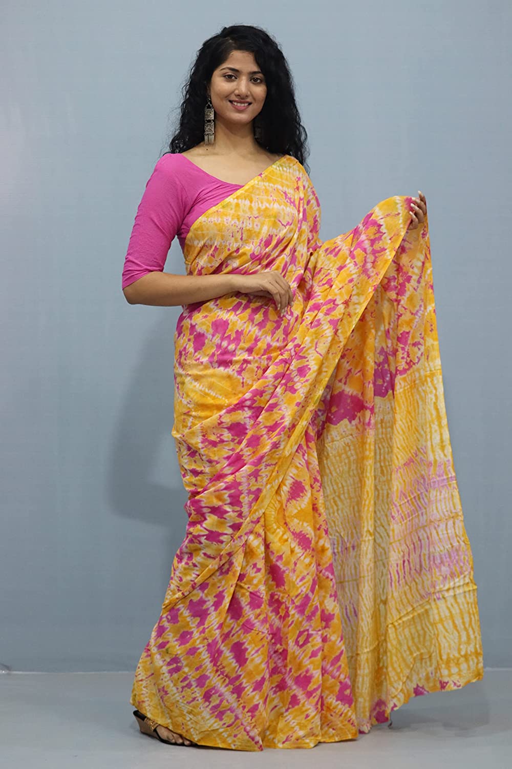 Printed Yellow Shibori Print Cotton MulMul Saree