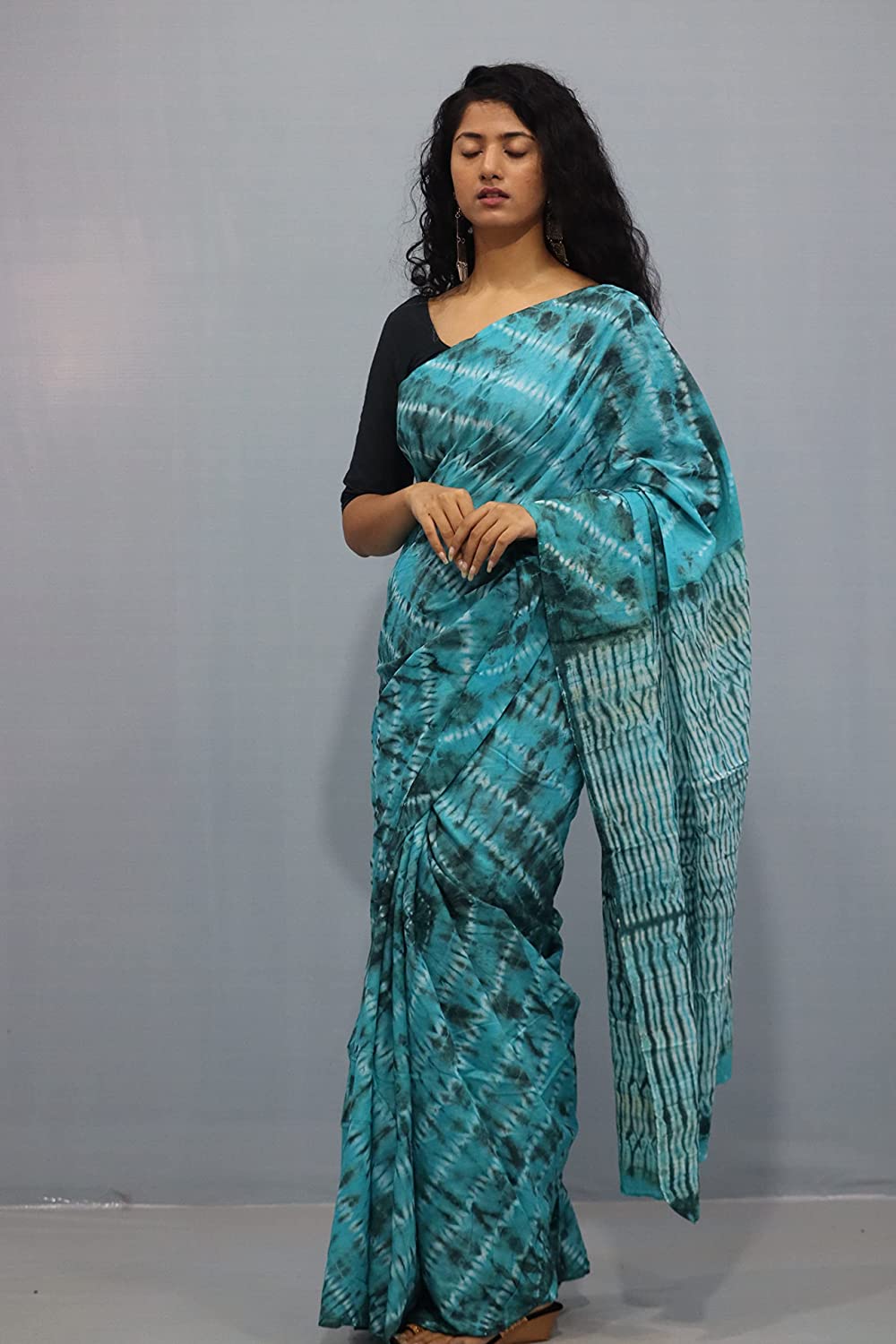 Printed Sky Blue Shibori Print Cotton MulMul Saree