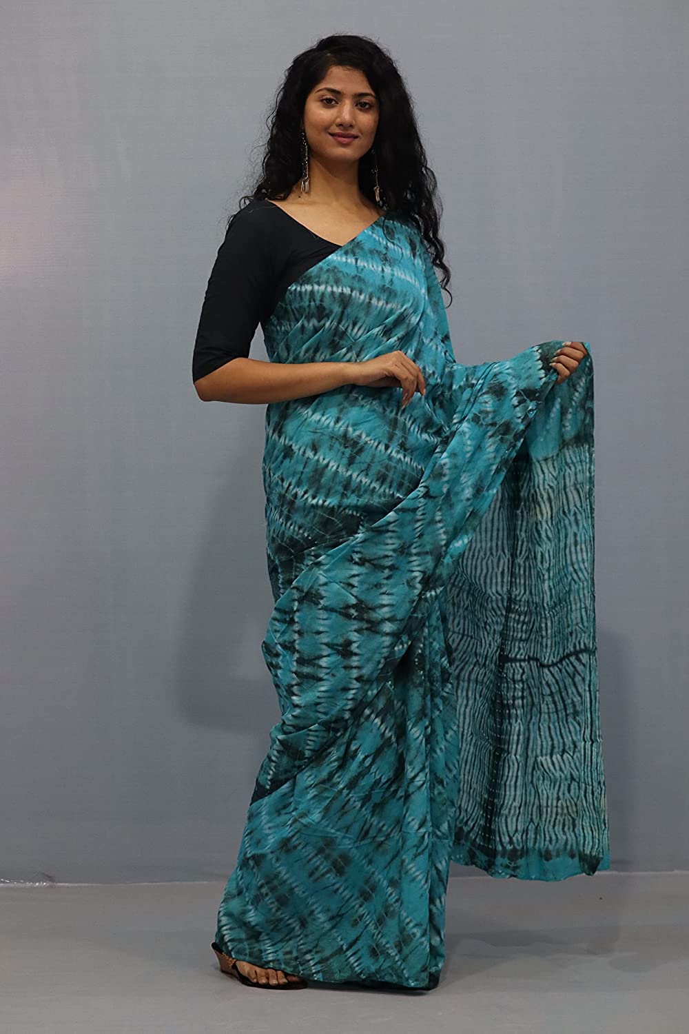 Printed Sky Blue Shibori Print Cotton MulMul Saree