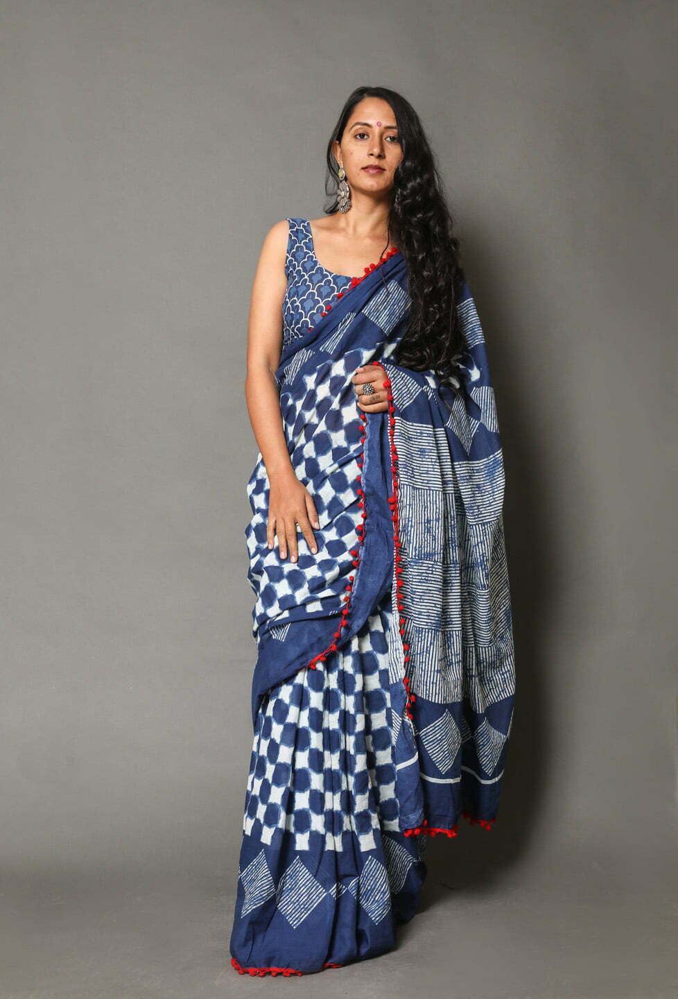 Printed Blue Dabu Print Cotton MulMul Saree