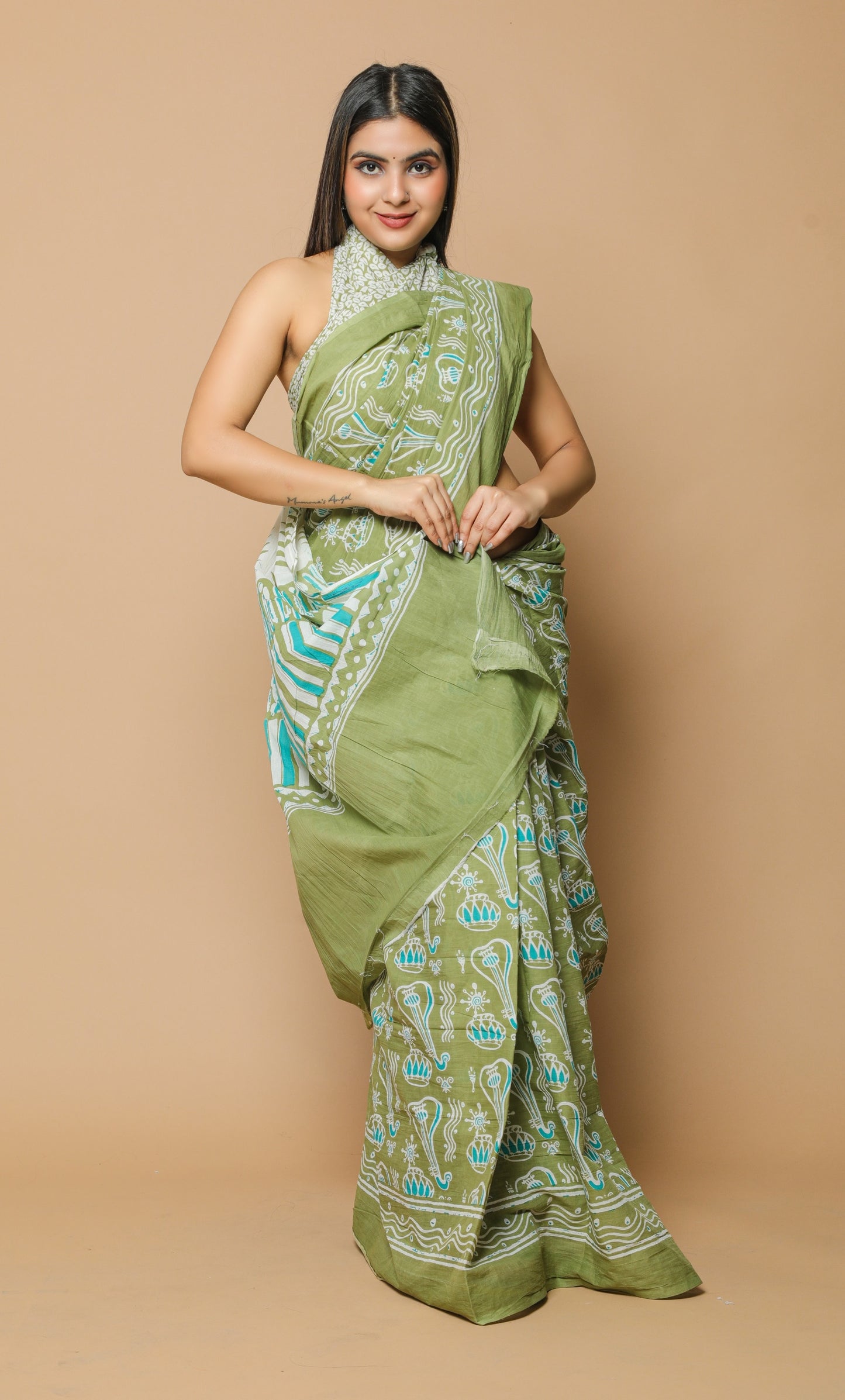 Cotton MulMul Green Printed Sarees