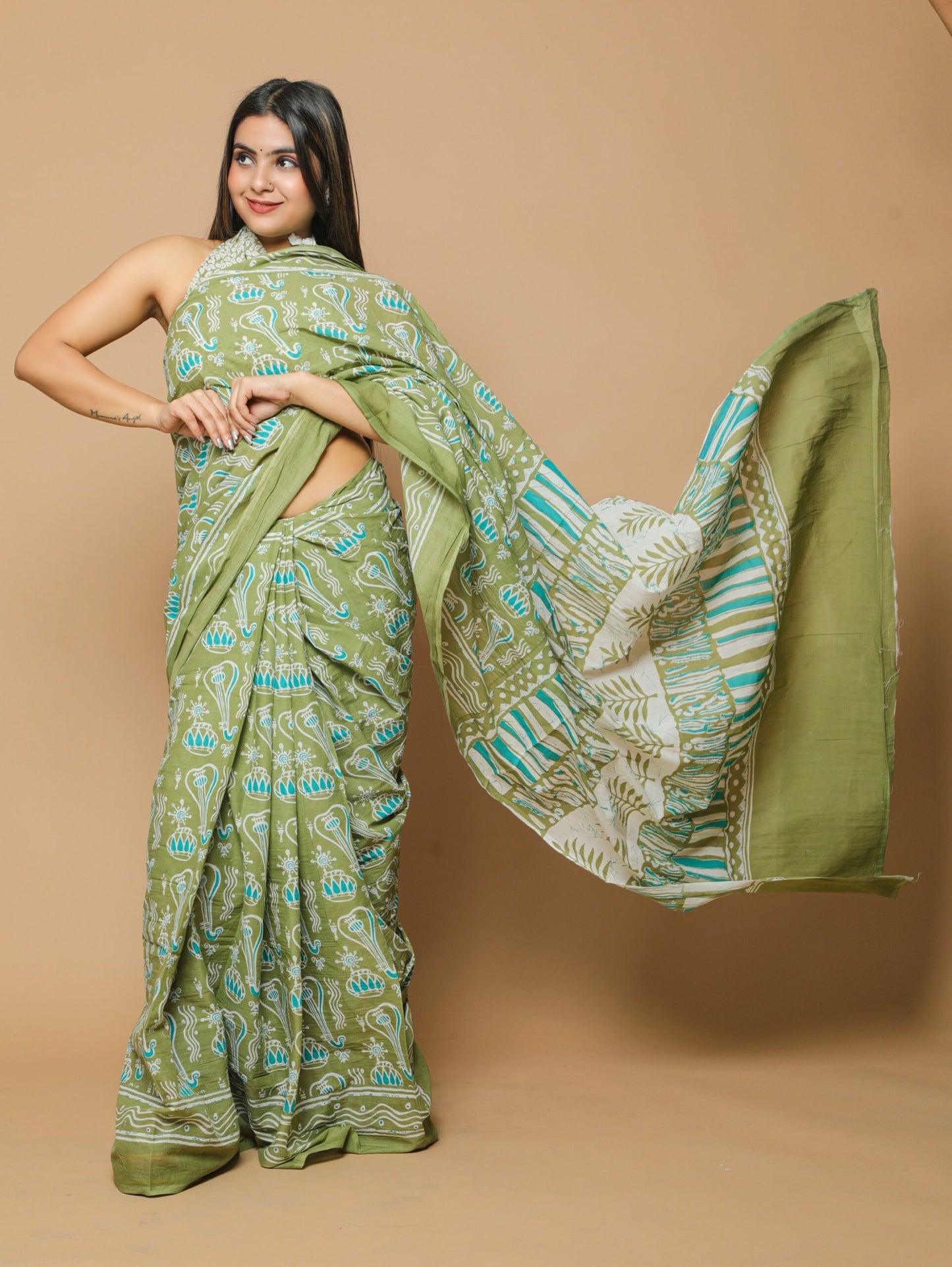 Cotton MulMul Green Printed Sarees