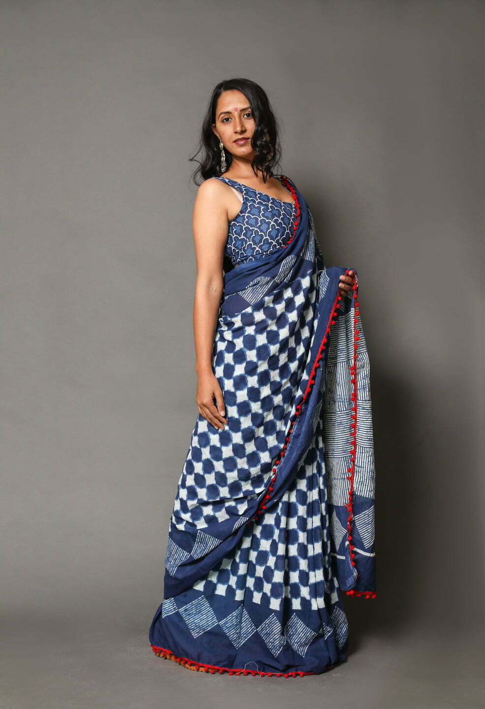 Printed Blue Dabu Print Cotton MulMul Saree