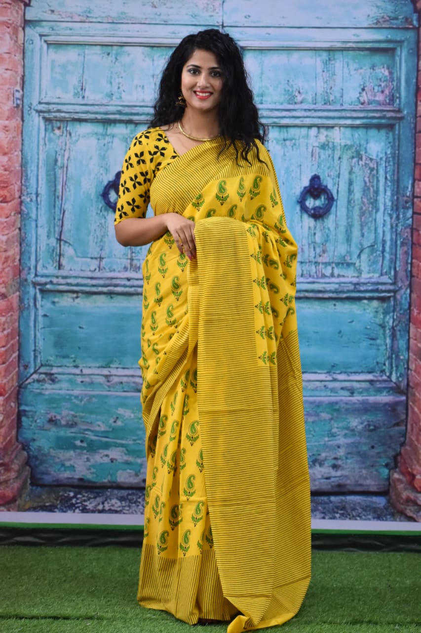 Cotton MulMul Yellow Printed Sarees