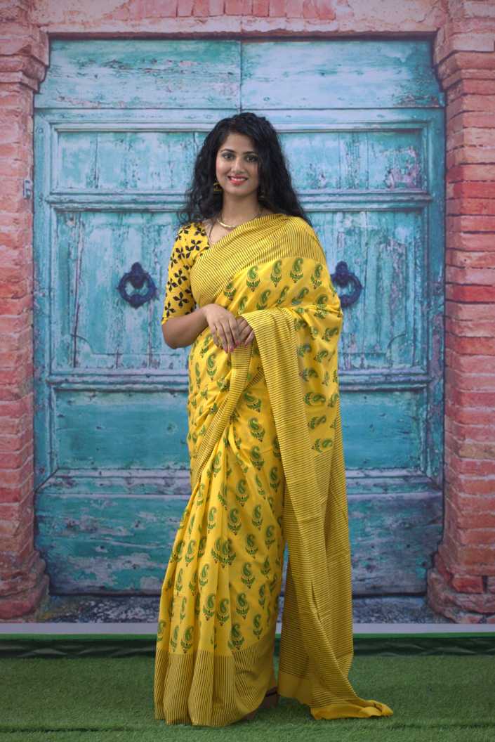Cotton MulMul Yellow Printed Sarees