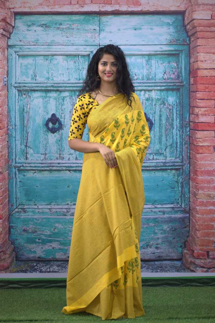 Cotton MulMul Yellow Printed Sarees