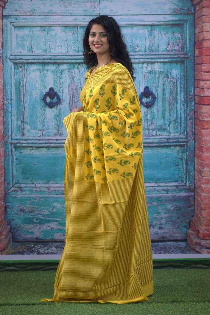 Cotton MulMul Yellow Printed Sarees