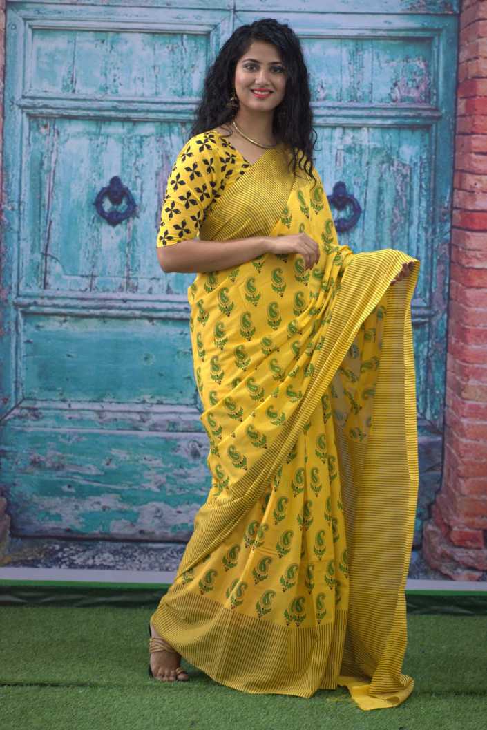 Cotton MulMul Yellow Printed Sarees