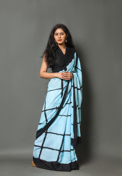 Printed Sky Blue Shibori Print Cotton MulMul Saree