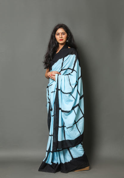 Printed Sky Blue Shibori Print Cotton MulMul Saree