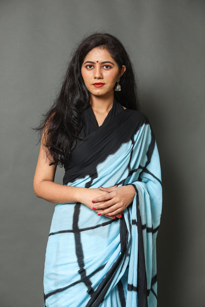 Printed Sky Blue Shibori Print Cotton MulMul Saree