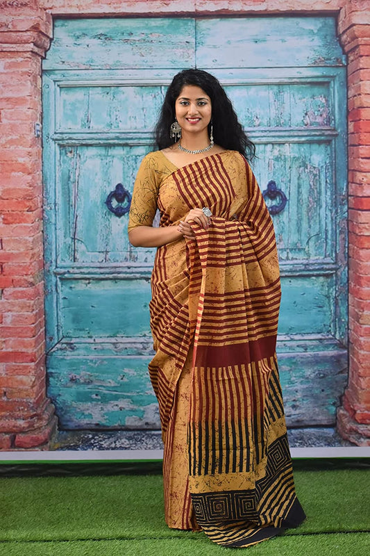 Printed Pink Batik Print Cotton MulMul Saree