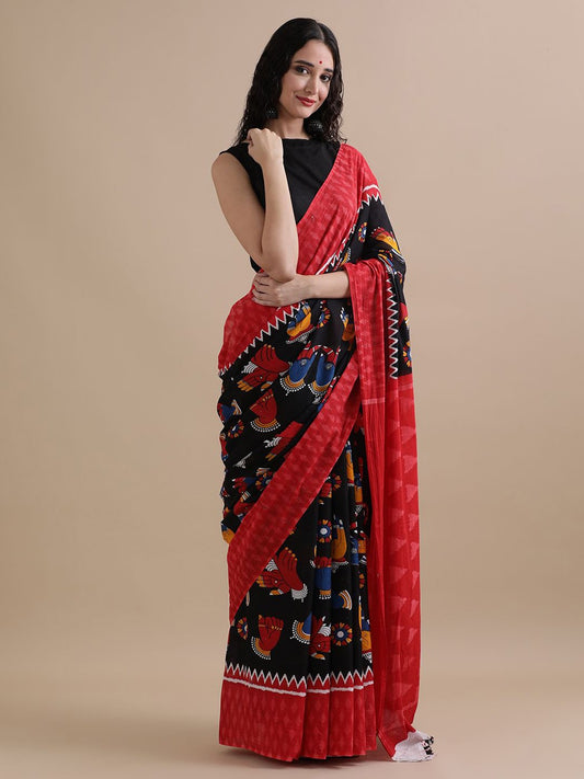 Printed Red Ikkat Print Cotton MulMul Saree