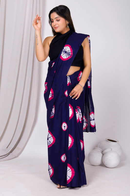 Printed Blue Shibori Print Cotton MulMul Saree