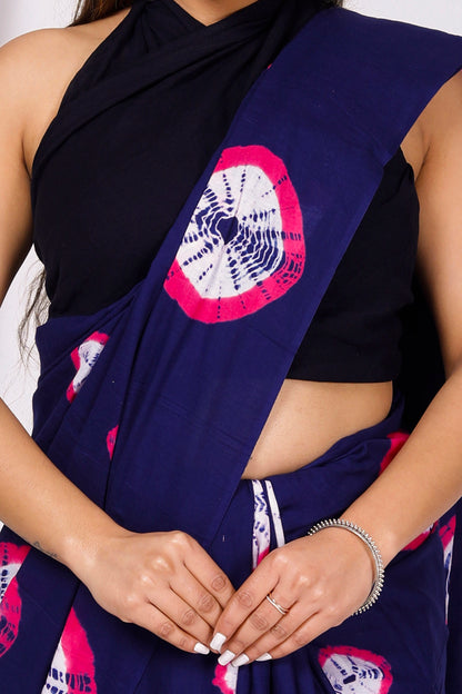 Printed Blue Shibori Print Cotton MulMul Saree