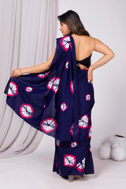 Printed Blue Shibori Print Cotton MulMul Saree