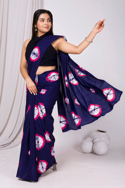 Printed Blue Shibori Print Cotton MulMul Saree