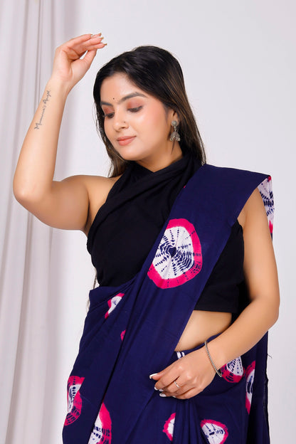 Printed Blue Shibori Print Cotton MulMul Saree